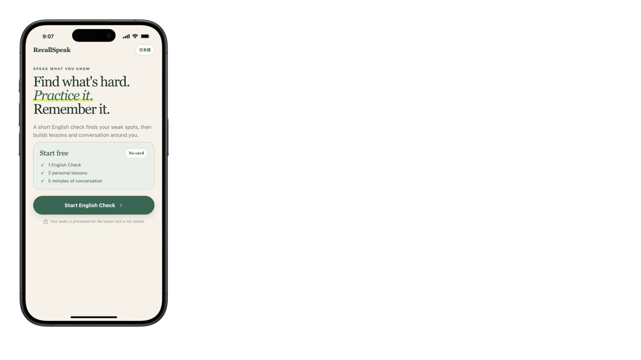 Full RecallSpeak phone screen showing one English Check, two personal lessons, and five conversation minutes on the free plan.